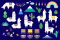 Vector set of cute llamas, alpacas and cactus collection elements