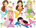 Vector Cute Little Mermaids with Marine Animals. Vector Mermaids