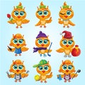 Vector set of cute owls. Cartoon characters of different professions. Royalty Free Stock Photo