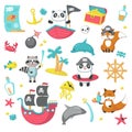 Vector set of cute pirate animals and marine items