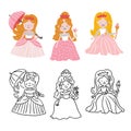 Vector set of cute princesses for coloring book Royalty Free Stock Photo