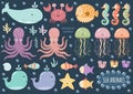 Vector set of cute sea animals. Underwater element