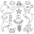 Vector Set of Cute Sea Creature Line Art Royalty Free Stock Photo