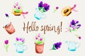 Vector set of cute spring cartoon characters, plants and decorations. Garden party. Collection of scrapbook elements Royalty Free Stock Photo