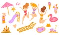 Vector set of cute summer icons. Bikini,sunblock,beach umbrella, towel, ball, pool, girls in bikinis,flamingo lifebuoy, sun. Royalty Free Stock Photo