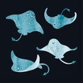 Vector set of cute watercolor stingrays Royalty Free Stock Photo