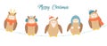 Vector set of cute winter owls for merry christmas, new year. Flat illustration of owl dressed in santa wear, hat, deer Royalty Free Stock Photo