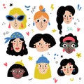 vector set of cute woman doodle avatars