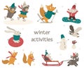 Vector set of cute woodland animals doing winter activities. Funny forest characters with ski, skates, sleigh Royalty Free Stock Photo