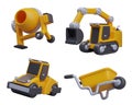 Concrete mixer, excavator, road roller, yellow wheelbarrow Royalty Free Stock Photo