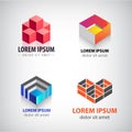 Vector set of 3d cube, geometric structure logos. Building, architecture, blocks colorful icons. Royalty Free Stock Photo