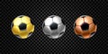 Vector set of 3d realistic football ball in golden, silver and bronze color for soccer isolated on transparent