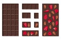 Vector set of dark chocolate bars with dried strawberries and almonds and pieces isolated on white