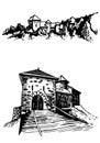 Vector set of de Thorens castle isolated on white background, graphical illustration, medieval architecture of France