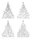 Vector set of decorated, outline, abstract, isolated Christmas trees in black color