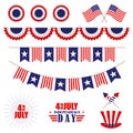 Vector set of decoration for 4th of July. Bunting for USA Independence Day. Isolated on white. Royalty Free Stock Photo