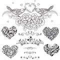 Vector set of decorative hearts, vignette, vintage decorative el