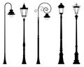 Vector set of decorative street lantern silhouettes in retro style, in black color, isolated Royalty Free Stock Photo