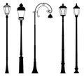 Vector set of decorative street lantern silhouettes in retro style, in black color, isolated Royalty Free Stock Photo