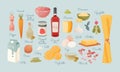 Vector set delicious store products. Postcard with different types of food: pasta, vegetables, meat and tomato paste