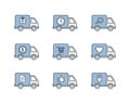 Vector set of delivery track outline icons. Trucks with gifts, clock, document, coin, location point and shopping cart.