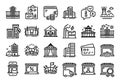 Vector set of Delivery truck, Arena stadium and Loan house line icons set. Vector