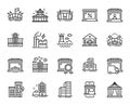 Vector set of Delivery truck, Arena stadium and Loan house line icons set. Vector