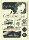 Set of design elements on coffee theme with girl Royalty Free Stock Photo