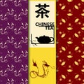 Vector set of design elements and icons in linear style for tea package - Chinese tea. Character tea. Chinese dragon