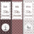 Vector set of design elements and seamless pattern for chocolate and cocoa packaging - labels and background Royalty Free Stock Photo