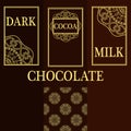 Vector set of design elements and seamless pattern for chocolate and cocoa packaging - labels and background Royalty Free Stock Photo