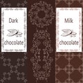 Vector set of design elements and seamless pattern for milk and dark chocolate packaging - labels and background Royalty Free Stock Photo