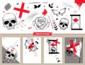 Vector set with design templates and cards in Trash Polka and dotwork style isolated. Dotted skull, cross, abstract arrows.