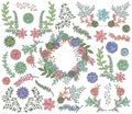 Vector Set of Detailed Succulent Plants and Wreath