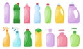 Vector set of detergent empty bottles icons. Detergent bottles mockup icons. Cleaner spray container template. Vector