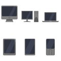 Vector Set of Device Icons. Personal Computer, Monitor, Laptop, Tablet PC, Smartphone and Cellphone