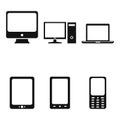 Vector Set of Device Icons. Personal Computer, Monitor, Laptop, Tablet PC, Smartphone and Cellphone Royalty Free Stock Photo