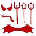 Vector set of the devil. Red devil horn, tail, trident, wings, isolated on white background. Hand Drawing. Vector Illustration. Royalty Free Stock Photo