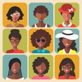 Vector set of different african american woman app icons in trendy flat style.