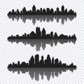 Vector set of different black horizontal cityscape with reflection