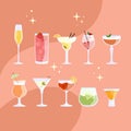 Vector set of different cocktails in beautiful glasses with tubes and ice inside on a pink background Royalty Free Stock Photo
