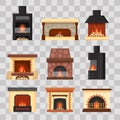 Vector set different colorful home fireplaces with fire and firewood on transparent background. Design elements for room Royalty Free Stock Photo