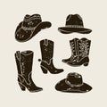 Vector Set of Different Cowboy Hats and Boots silhouette Royalty Free Stock Photo