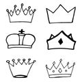 Vector set of different crowns in doodle style. Isolated on white background. Royal imperial coronation symbols. Vector