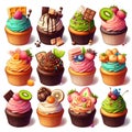 A vector set of different cupcakes and unique toppings, elegant, with vibrant colors, detailed.