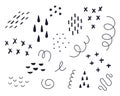 Vector set of different doodles. Doodles on a white background, stars, lines, swirls, shapes, crosses, drops, dashes