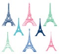 Vector set of different Eiffel Tower landmarks icons of Paris, France with Silhouettes. Landmark and structure