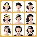 Vector set of different flapper girls icons in modern flat style isolated on white background.