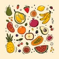 Vector set of different fruits and berries in doodle style. Simple vector doodle illustration. Fruits isolated on background Royalty Free Stock Photo