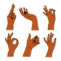 Vector set of different gestures isolated. Collection of afro american hands in different positions